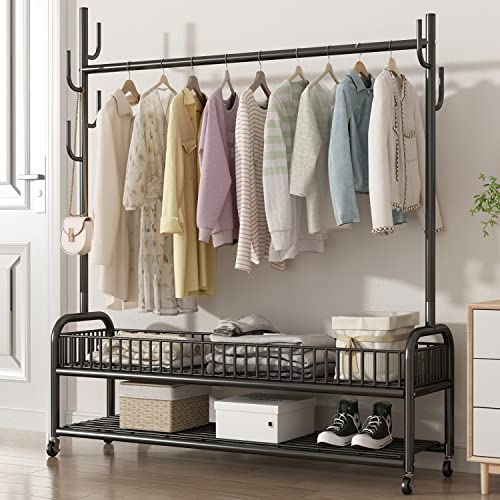 Thick Forest Clothes Rack Clothing Rack Garment Rack Rolling With Wheels Bottom Shelves Double Tiers With Storage Basket #TOP4