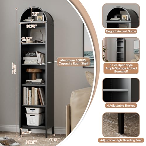 Image of 72.83 inch H Metal Arch Bookshelf with 4 Adjustable Shelves, Open Arched Display Cabinet,Kitchen Pantry for Dining Room, Living Room, Office, Bathroom, Assembly Required,Black