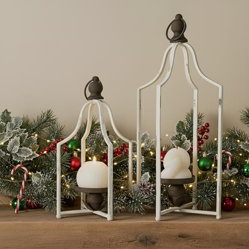 Juego de 2 faroles grandes y altos para decoración de interiores y exteriores, porche delantero, patio, candelabros de metal vintage, chimenea, mesa, suelo, granja, decoración rústica, juego de 2