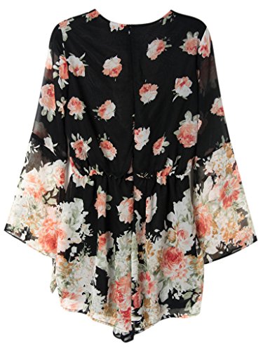 Persun Women Limited Black Floral Print Romper Playsuit With Long Flare Sleeves,Small,Black - Thumbnail 5