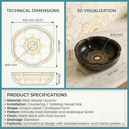 Image of BASSINO 16.5x16.5x5 Inches Moroccan Table Top Wash Basin /Matte Black Bowl Sink for Bathroom /Vanity sink /Handcrafted Flower Shape Countertop Washbasin for Office /Hotel(Matt)