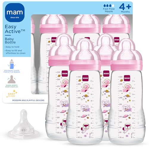 Image of MAM Easy Active Baby Bottle 4 Pack, 11oz, BPA Free, Fast Flow Silicone Nipple, Anti-Slip Grip, Leak-Proof, 4+ Months, Purple Iris