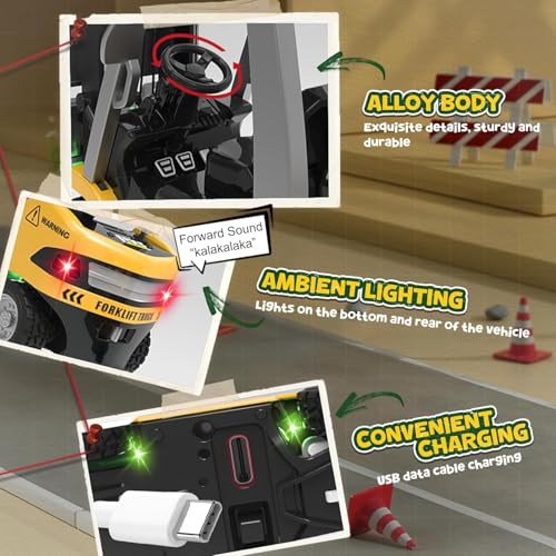 Image of PLUSPOINT 2.4GHz RC Forklift Toy | 1:64 Mini Rechargeable Remote Control Forklift with 2-in-1 Lift Fork & Crane Hook, Lights, Sound & Cargo Boxes | Construction Vehicle Toy for Kids Age 3+