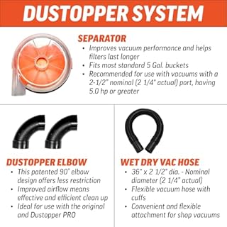 The Dustopper PRO, Low-Profile Dust Separator for Shop Wet/Dry Vacuums. Includes High-Flow 90 Degree Sweep Elbows and Connection Hose. Fits Standard 5 Gallon Buckets, Made in USA