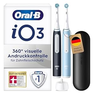 Oral-B iO Series 3 Elektrische Zahnbürste — Doppelpack — Electric Toothbrush, Inkl. 2 Aufsteckbürsten, 3 Putzmodi für Zahnpflege — Designed by Braun, GUT GETESTET von STIFTUNG WARENTEST, Schwarz/Blau