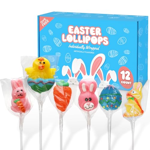 Easter Lollipops Candy Variety Pack Dye-Free - 12 Individually Wrapped Assorted Colorful Shapes Easter Suckers, With Bunny, Egg, Carrot Easter Suckers. For...