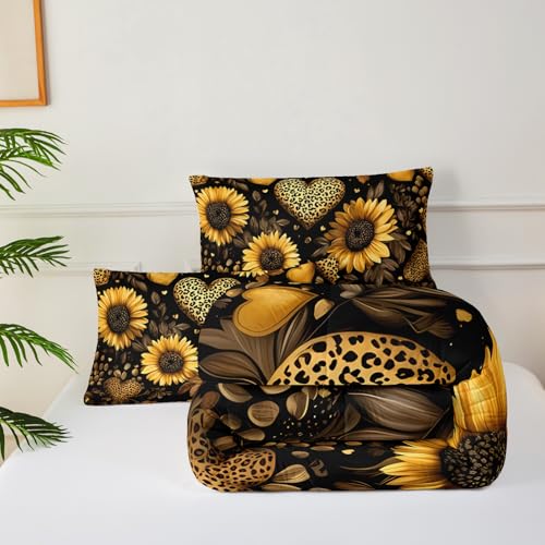 Image of Black Sunflowers Comforter Set Full for Girls Women Kids,Yellow Floral and Leopard Print Heart Pattern Bedding Set,3-Pieces Soft Microfiber Botanical Quilt Set for Bedroom Decor