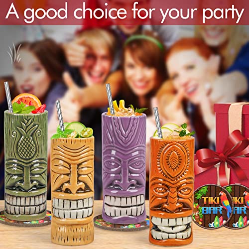 Tiki Mugs Set Of 4,Ceramic Tiki Hawaiian Party Mugs, Creative Tiki Glasses Set Tiki Bar Mugs For Cocktails Glasses, Tiki Drinking Bar Decorations Premium Tropical Cups Drinks For Exotic Party(4Pcs) #TOP5