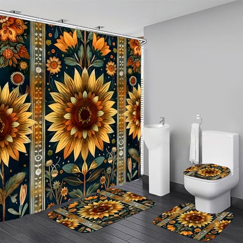 AZHM 4 Pcs Sunflower Shower Curtain Sets with Rugs for Bathroom and Toilet Floral Flowers Bathroom Decor Sets Bathroom Shower Set with 12 Hooks