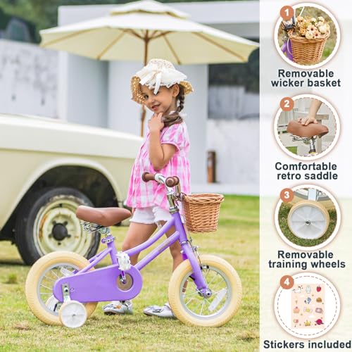 Image of Petimini Vintage Kids Bike for Girls, 12-20 Inch Classic Bicycle with Wicker Basket & Bell, High Tensile Steel Frame, Training Wheels (12-18 inch), 85% Pre-Assembled, Retro Bike for Outdoor Riding