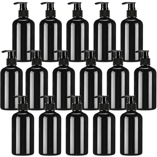 Image of CroBlissful 16 Pcs Empty Plastic Pump Bottles 8oz Refillable Lotion Pump Bottle Containers with Dispenser for Shampoo, Conditioner, Face Cream, Massage Oil, Liquid Soap (Black)