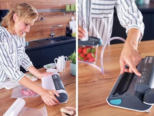 Foto von Leifheit Vakuumiergerät Vacu Power 300, Vakuumierer zum Konservieren, Lebensmittel bleiben 8x länger frisch, ideal zum Sous-Vide-Garen, Folienschweißgerät inkl. 10 Vakuumierbeuteln 20x30cm