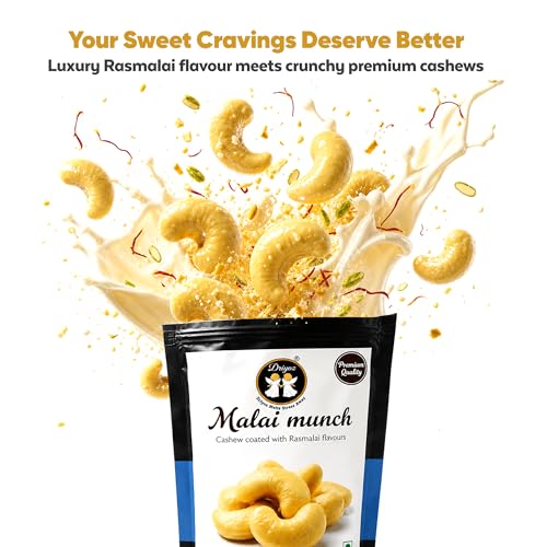 Image of DRIYOZ Malai Munch Rasmalai Flavoured Cashews 250g | Premium Crunchy Kaju Coated with Creamy Malai Granules | Gourmet Indian Sweet Snack for Gifting, Festivals & Celebrations