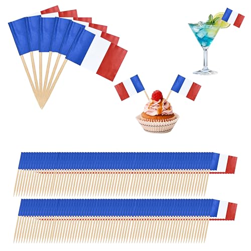 NISENTIA 100 Stück Frankreich Flagge Zahnstocher, Frankreich Deko Zahnstocher mit Fähnchen, Cupcake Fähnchen Cocktail Deko Flaggenpicker, Zahnstocher Flaggen Stick für Cake Obst Cocktail Zubehör