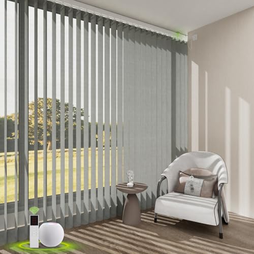 Bliwans Motorized Sheer Vertical Blinds Compatible with Alexa Google Home,Light Filtering Remote Control Smart Vertical Shades Blackout Blinds for Patio Sliding Glass Door Customize Elegant Light Grey