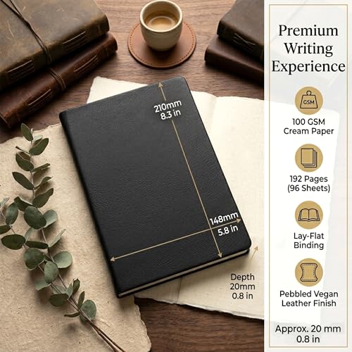 Image of GLUN Soft Touch PU Leather A5 Notebook, Black Cover Portable Pocket Diary Notepad with Schedule, 252 Writing Pages for Home, School & Office Use