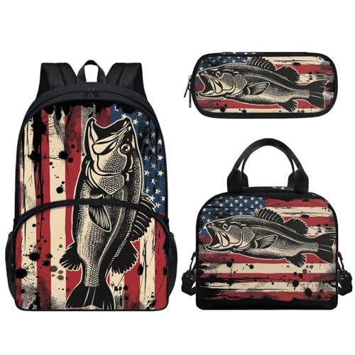 American Flag Fish Backpack for Boys Girls Primary Middle School Bookbag Set with Lunch Box Pencil Case Kindergarten Kids Schoolbags Rucksack Daypack 3 In 1 Set
