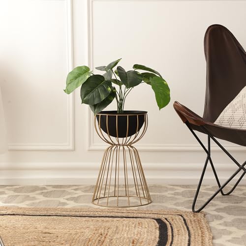 Image of Decor de Maison Handcrafted Twin Medium Bloom Floor planters|Modern Planters |Decorative Metal Planters for Lawn /Garden /Balcony / |Luxury Planter for Living Room /Office /Home (Black Bowl, Small)