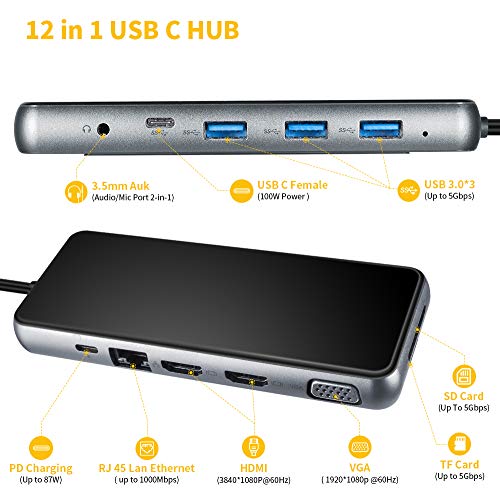 Laptop Docking Station,ORIFA 12 in 1 Triple Display Dual HDMI 4K USB C Hub for Mac & Windows System,Thounderbolt 3 Port Device(2HDMI VGA PD3.0 SD TF Card Reader Gigabit Ethernet 3USB 3.0 Ports) - Thumbnail 3