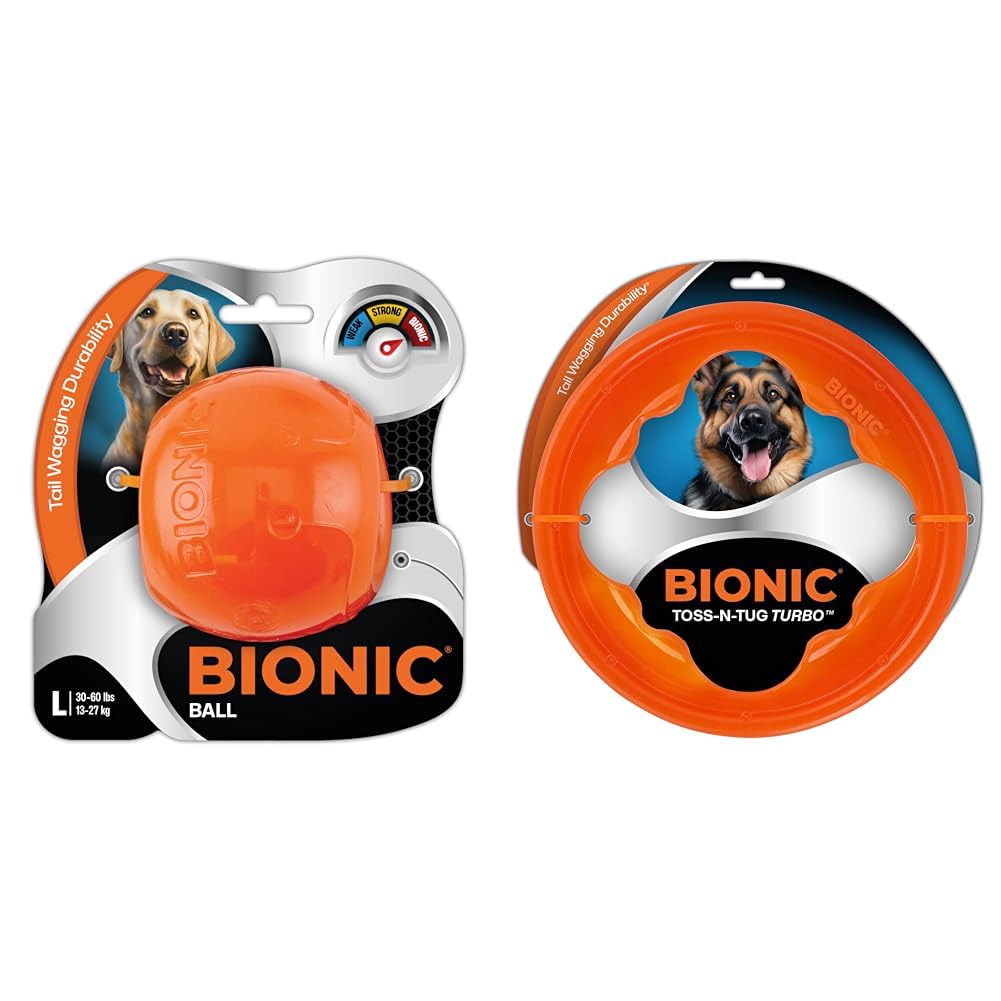 BIONIC Dog Toy Bundle - Large Ball Toss-N-Tug Turbo - High-Visibility Durable Chew Fetch Toys for Dogs 30-60