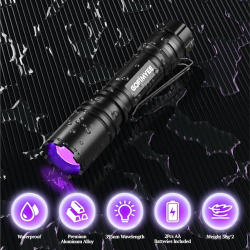 Gofimyee UV Taschenlampe Schwarzlichtlampe, 2 Stück Mini UV lampe mit Einstellbarem Fokus, 395nm Ultraviolett Lampe für Geocaching, Heimtierurindetektoren, Bernsteinsuche usw, Inklusive 2 AA Batterien