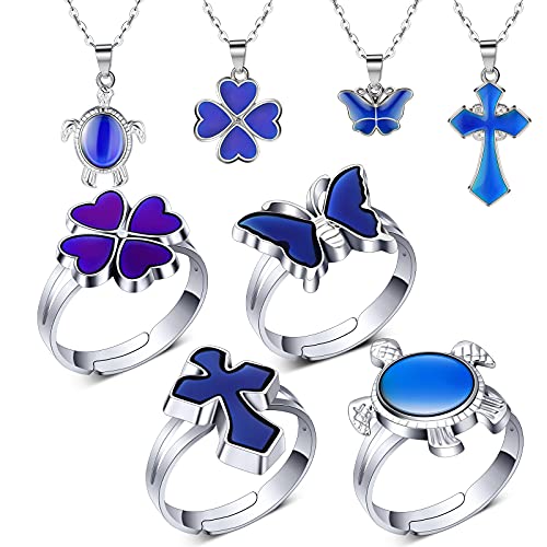 8 Pieces Adjustable Mood Rings and Necklaces Set Include 4 Pieces Color Changing Mood Necklaces and 4 Pieces Mixed Mood Rings for Girls Women Halloween Costume Props Birthday Party Favors