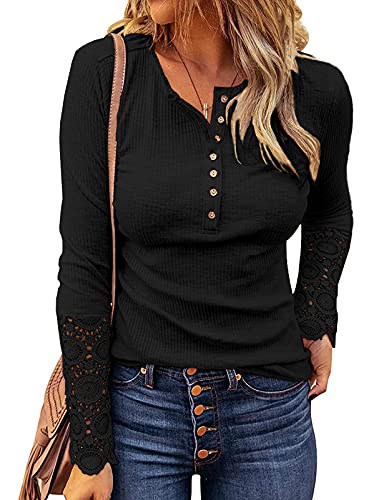 Kancystore Women's Long Sleeve Tops Lace V Neck Button Down Henley Shirts Blouses