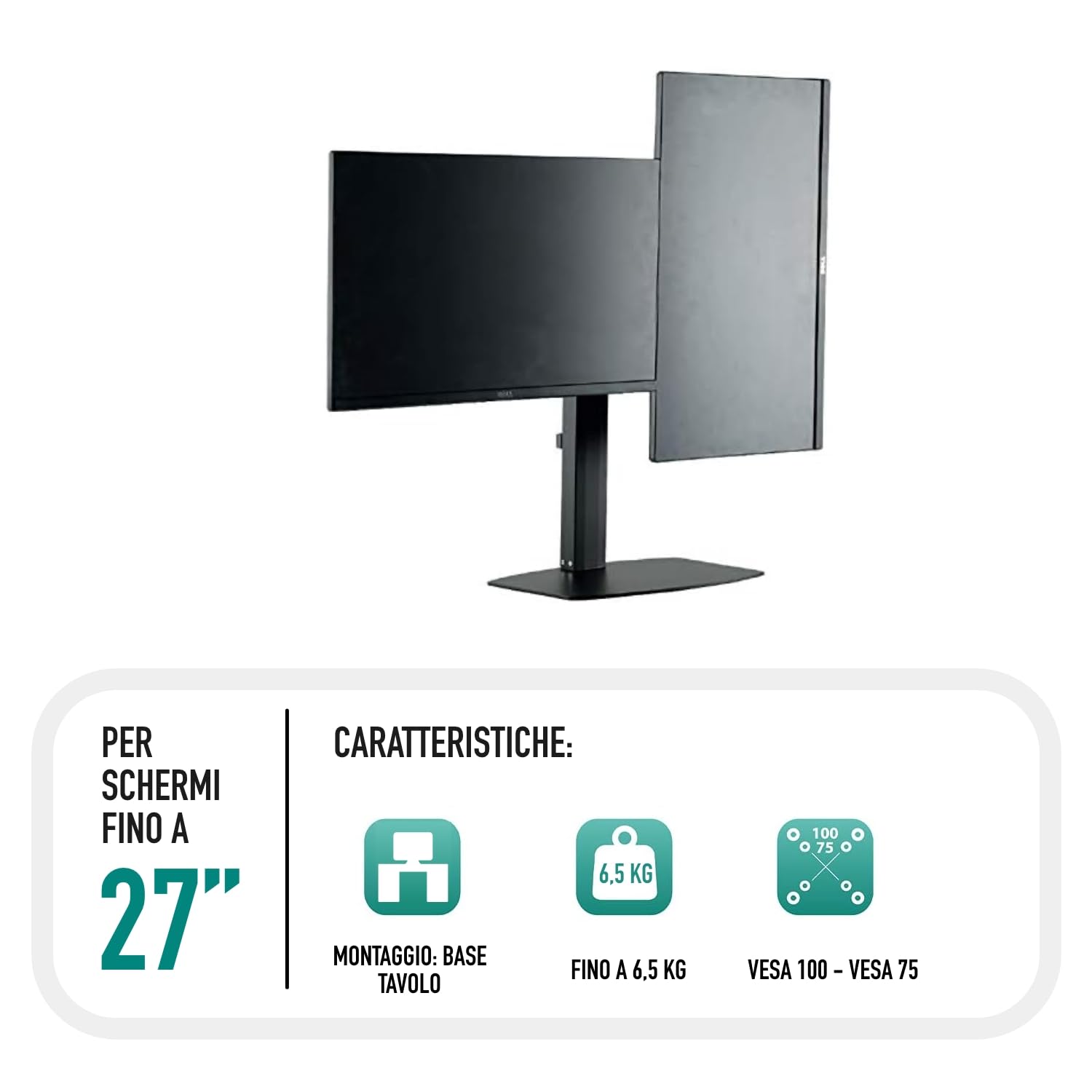 Ewent EW1538 Supporto monitor con molla a gas a doppio braccio per 2 monitor fino a 27" pollici con base - Supporto per 2 schermi PC TV LED LCD - Girevole, inclinare e ruotare, nero