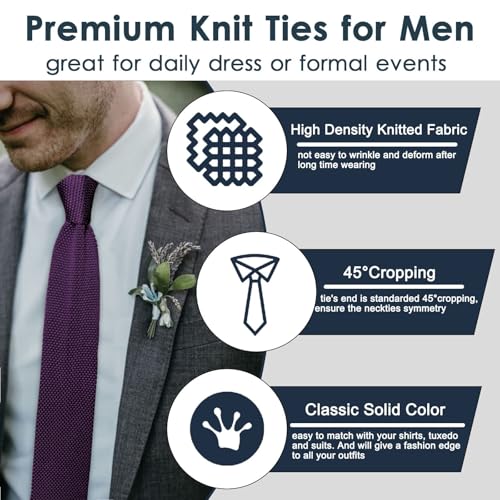 Image of Mantieqingway Pointed Knit Ties for Men Pure Color 2.76'' Skinny Neck Tie Formal Business Knitted Tie for Daily Wedding Party