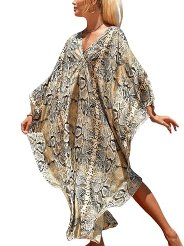 Image of IMAGEKOPE Women's Plus Size Animal Print V-Neck Batwing Kaftan Beach Dress Bathing Suit Cover-Up Loungewear