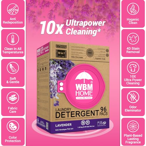 Image of WBM 10-in-1 Laundry Pods with Softener & Scent Booster, 96 Count, High Efficiency (HE), Fabric Softener, Lavender Extracts, Stain Lifter, Eco-Friendly, Gentle, Fresh