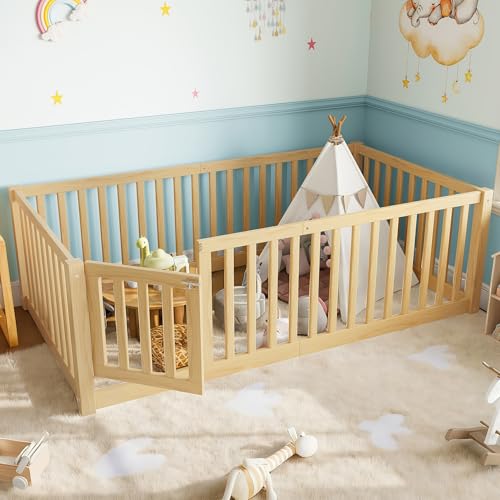 Image of Bellemave Twin Size Kids Montessori Floor Bed with Door,Solid Wood Floor Bed Frame with High Fence for Girls,Boys,Natural