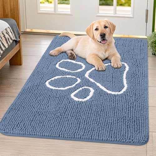 Image of Smiry Dog Door Mat for Muddy Paws, Absorbent Dirt Trapper Non Slip Quick Dry Washable Chenille Mat for Mud Dogs, Entry Rug for Indoor and Outdoor (40x32 Inches, Airy Blue and White)