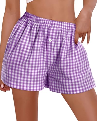 Image of Women Boxer Shorts Summer Gingham Pj Casual Plaid Bottoms with Pocket