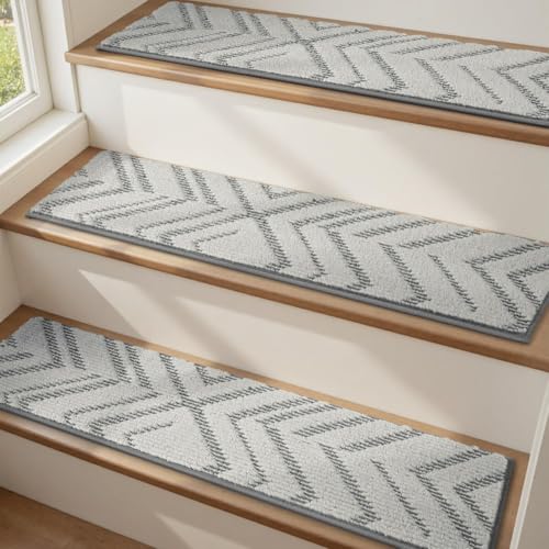PADOOR Stair Treads Non Slip 15 PCS, 3D Peel and Stick Stair Treads for Wooden Steps Indoor, Residue-Free Adhesive Stair Runner for Kids, Elders & Pets, Washable Carpet for Stairs,8"x30",Gre