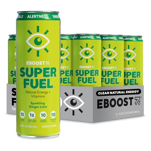 EBOOST Super Fuel Healthy Energy Drink - Caffeine from Natural & Clean Ingredients For Focus and Productivity -Taurine Free Pre-Workout With Electrolytes, Nootropic & Vitamins - Ginger Lime, 12 Pack