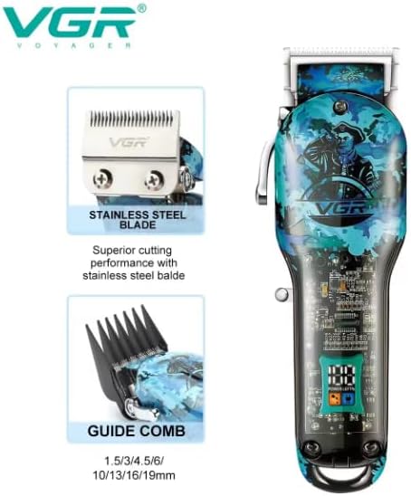 Close-up of the VGR hair clipper showing its stainless steel blade and a guide comb with multiple length settings.