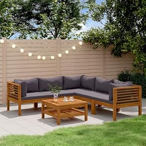 IKAYAA Lounge Set Holz, Ecklounge Outdoor, Gartenmöbel Set mit Kissen, Terrassenmöbel außen, Balkon Lounge Dunkelgrau, Loungemöbel Set für Balkon, Garten, 6-TLG