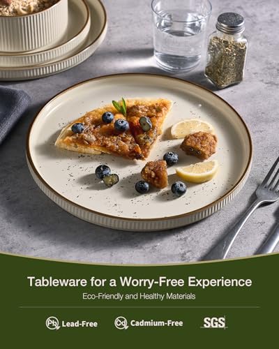 Image of Famiware Star 16-Piece Stoneware Dinnerware Set with Trim, Service for 4 -Ceramic Mugs, Plates and Bowls, Modern Rustic Dishes with High Edge, Chip /Scratch Resistant, Microwave /Dishwasher Safe, Cream
