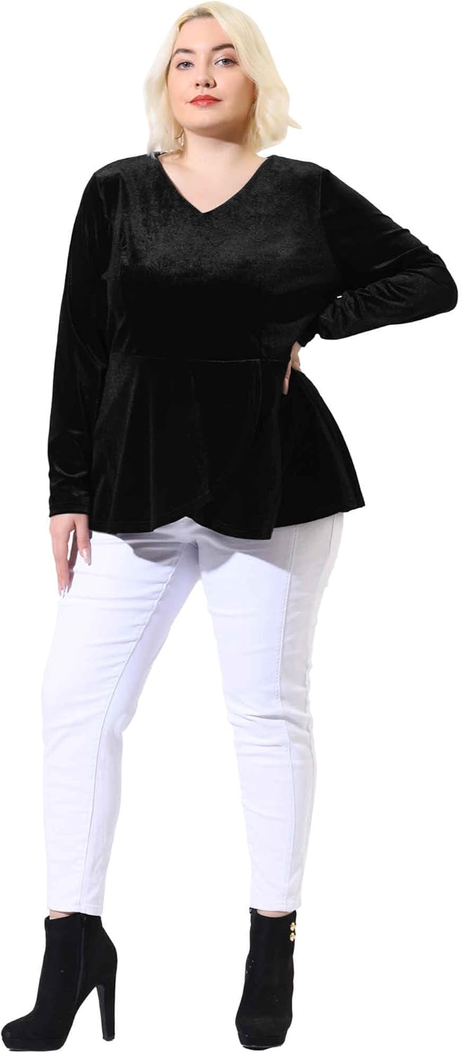 Agnes Orinda Women's Plus Size Retro Velvet Velour Tops V Neck Tulip Hem Long Sleeve Christmas Peplum Blouse - Image 3