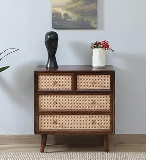 Wooden Rattan Cane Chest of Drawers | 4 Drawers Dresser Console Cabinet for Bedroom, Living Room, Drawing Room & Office | Multipurpose Storage Sideboard | Solid Sheesham Wood, Provincial Teak Finish