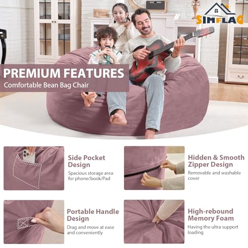 4FT Bean Bag Chair, Large Bean Bag Chairs with Memory Foam Filled, Fluffy Beanbag Sofa with Dutch Velvet Cover, Round BeanBag Chairs for Living Room, Playroom - Dusty Pink