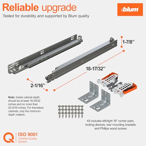 Image of Blum Tandem Plus BLUMOTION Concealed Undermount Drawer Slides (Runners) Kit, 18-Inch, Full Extension, Soft-Close, Steel, 100 lb. Load Capacity for Wood Drawers (1 Kit)