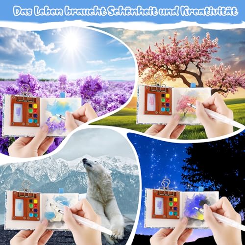 Mini Aquarell Travel Set mit Binder-Clips, Pocket Aquarell Set, Aquarellfarben Farbkasten 12 Farbe & Mini Holz Malpalette mit 8 Grids & Skizzenbuch für Maler Künstler Studenten Hobbymaler (Blau)