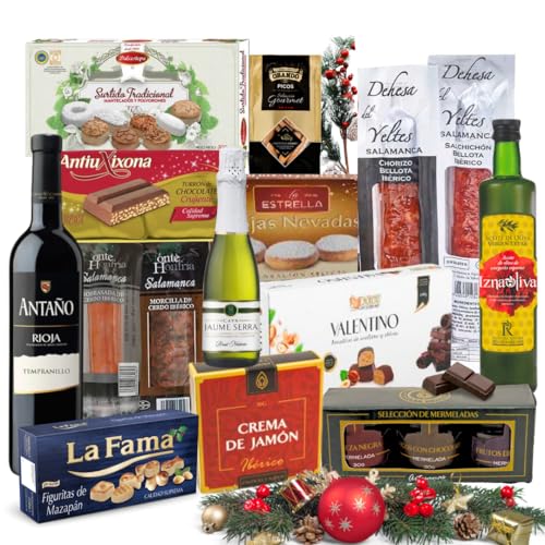 FAMILYCOM. Cesta San Valentin para regalar. Lote Gourmet con Ibéricos de regalo. Empresa y Particular. Surtido de Turrón, Mantecados, Vino, Embutidos, Bombones, Aceite De Oliva Virgen.
