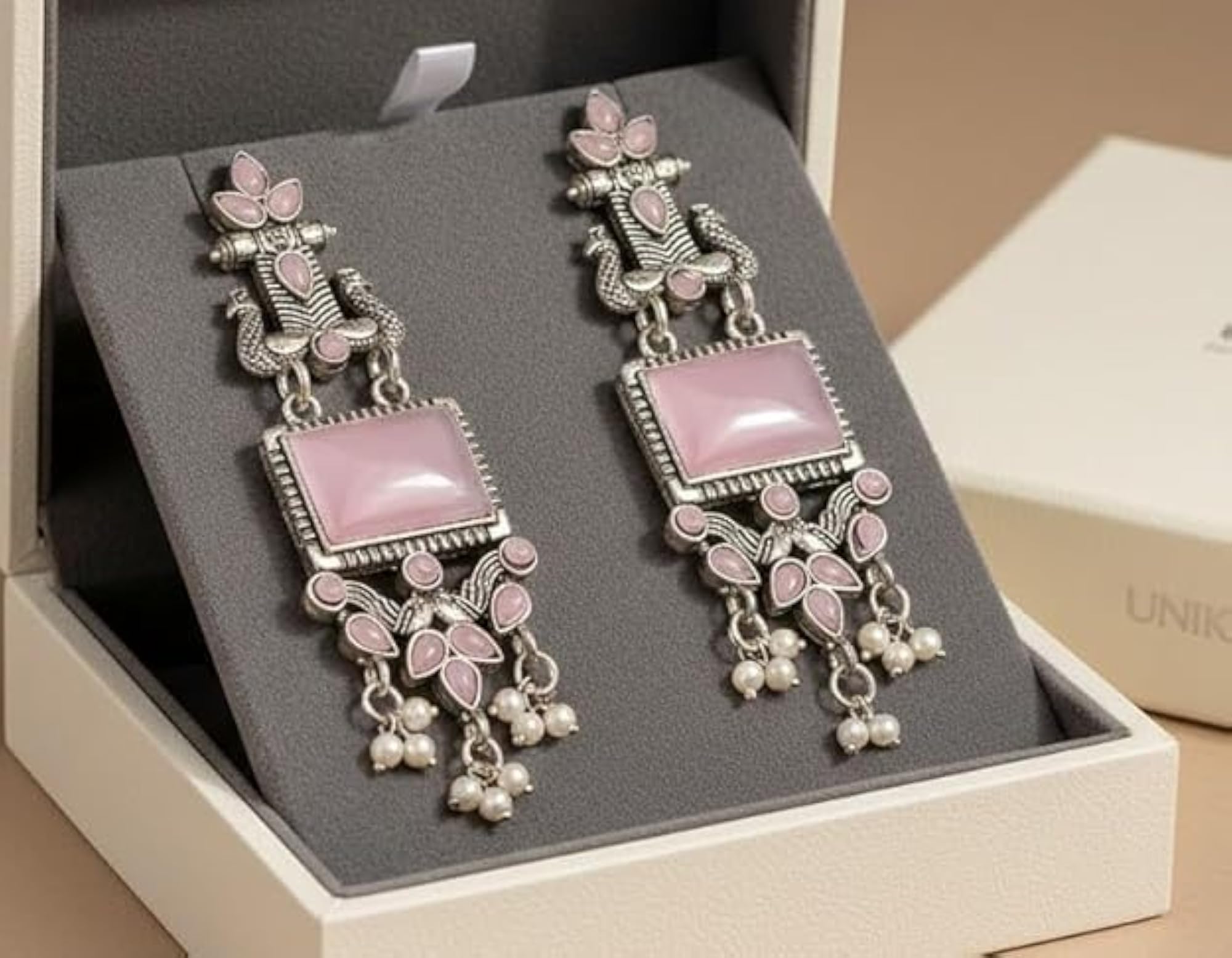 Set of 4 Silver Tone Jhumka Earrings with Pink Stone Drops