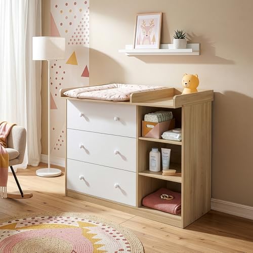 [en.casa] Commode à Langer avec Plan à Langer Amovible Bébé 3 Tiroirs 3 Étagères Meuble de Rangement Compacte Confortable avec Surélévations Latérales...