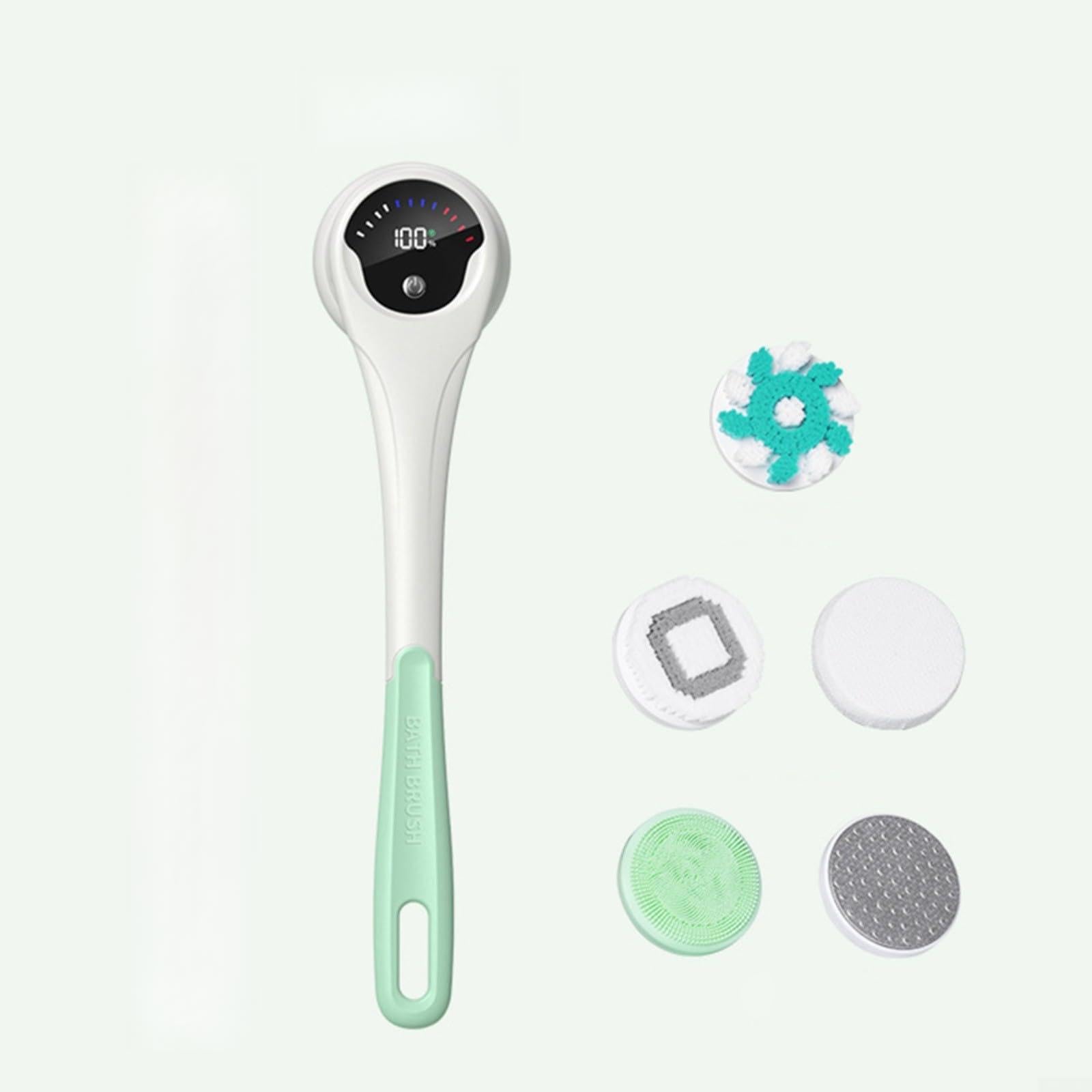 Cepillo de baño eléctrico automático, limpiador de mango largo con 5 cabezales, masajeador exfoliante 5 en uno para piernas y pies, herramienta portátil de limpieza de spa, rosa (verde)