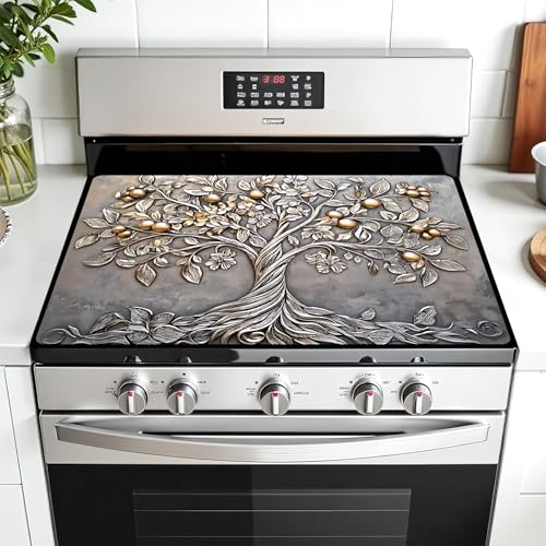 Image of Multi-Design Stove Top Cover for Glass /Electric Stoves - 3-in-1 Heat-Resistant Protector Mat, Non-Slip Drying Rack 28 inchx20 inch (Silver Fruit Tree, 28 inch L x 20 inch W)