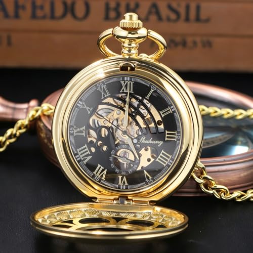 Image of Black and Silver Roman Numeral Dial Mens Mechanical Moon Phase Design, Moon Sun Pattern Skeleton Mechanical Pocket Watches for Men with Case and Chain - Black